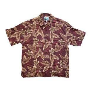Vintage Aftco Bluewater Mens Hawaiian Shirt 2X Button Down Red Tan Floral Spring